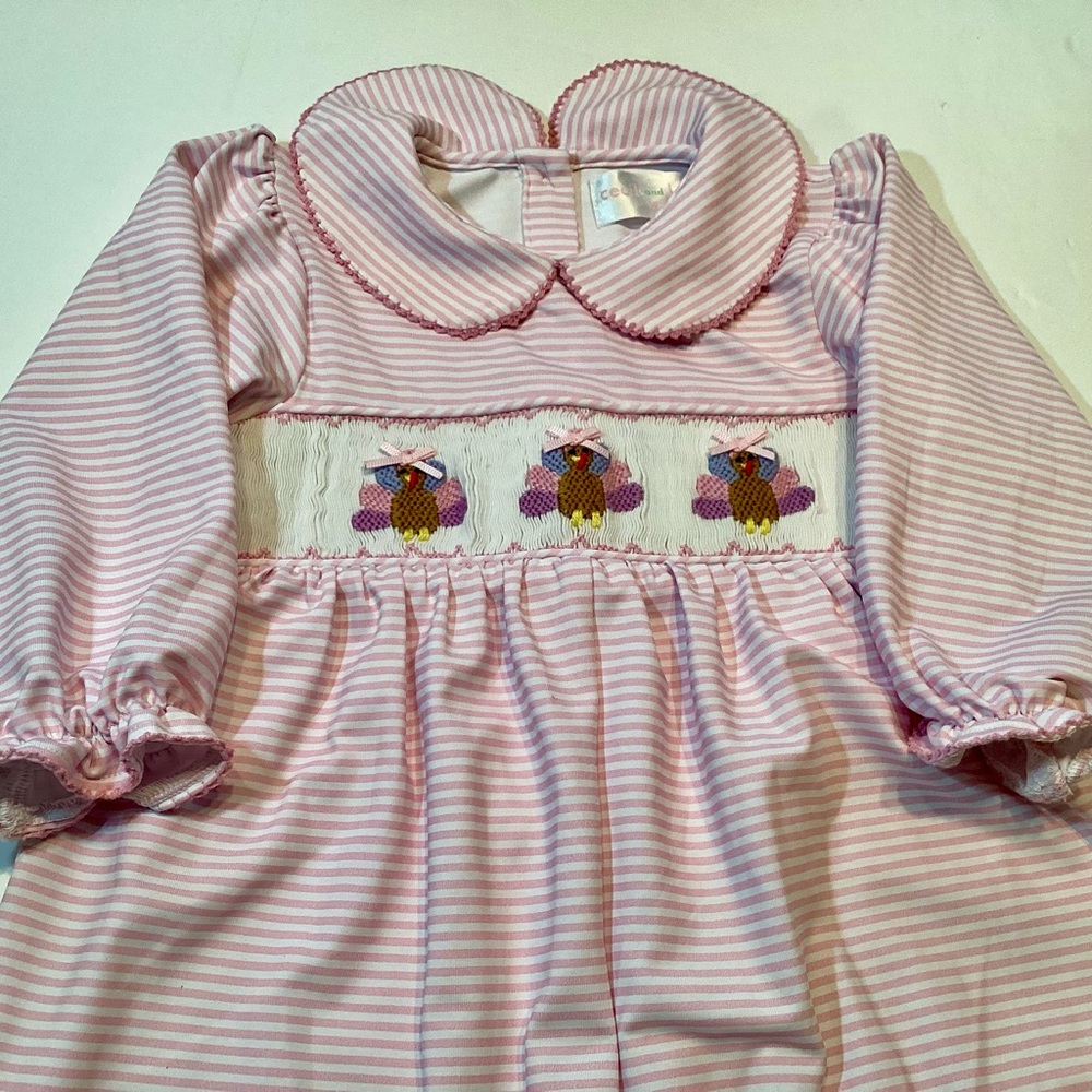 12M Smocked Pink & White Thanksgiving Turkey Outfit